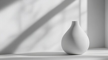 Wall Mural - A minimalist white vase casting soft shadows in a bright, serene environment.