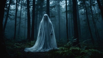 Eerie ghost floats through a misty forest at night.