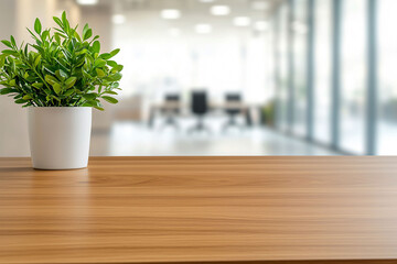 A modern office desk with wooden surface and potted plant adds touch of greenery to workspace, creating refreshing and inviting atmosphere