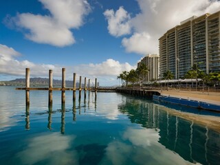 Sticker - Empty boat pier reflected in Waikiki Harbor, Hawaii.