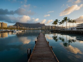 Sticker - Empty boat pier reflected in Waikiki Harbor, Hawaii.