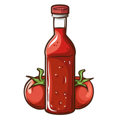 Cartoon illustration of a glass bottle of tomato ketchup with two whole red tomatoes.