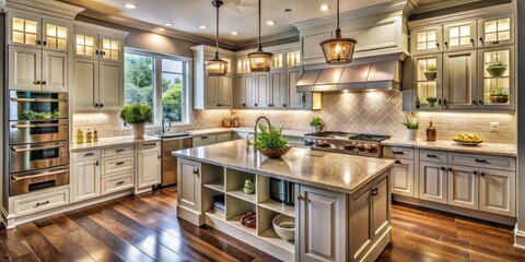 Elegant kitchen features soft-close cabinets with ornate hardware, gleaming countertops, and ambient lighting, creating a warm and inviting space for culinary creativity and relaxation.