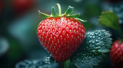 this Close-up of a ripe strawberry, showcasing its vibrant red color and fresh texture.