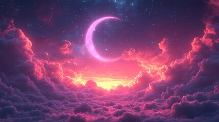 Canvas Print - Pink Crescent Moon Above Clouds