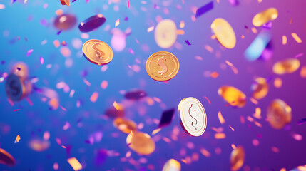 Gold coins with dollar signs falling through the air with purple and blue confetti.