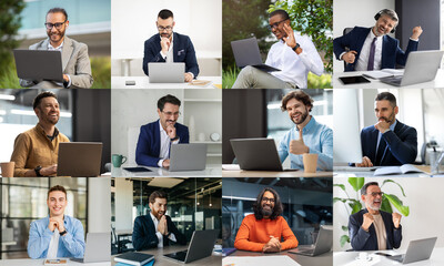Aufkleber - A diverse group of professionals participates in online meetings, showcasing a range of expressions and attire in a modern office environment. Each person engages with their laptops