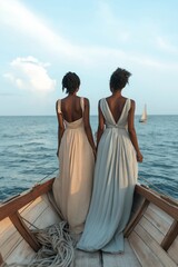 Poster - Two women in long dresses are on a boat in the ocean. The boat is small and the water is calm. The women are looking out at the water