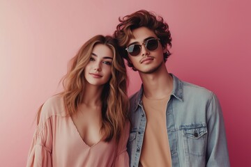 Sticker - A man and a woman are posing for a picture. The woman is wearing a pink shirt and the man is wearing a blue jacket. They both have sunglasses on. Scene is casual and relaxed