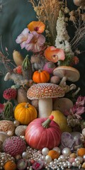 Canvas Print - A colorful arrangement of pumpkins, mushrooms, and flowers. The arrangement is vibrant and lively, with a mix of colors and textures. The flowers add a touch of elegance