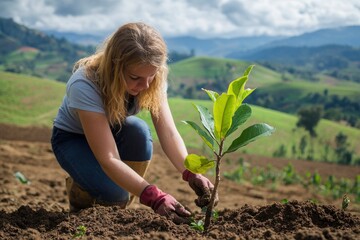 a woman in casual attire is engaged in the act of planting a young tree in a rural, outdoor setting,