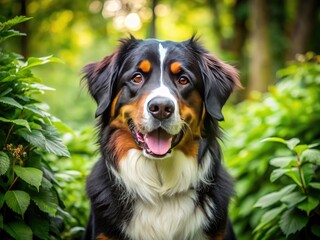 Wall Mural - Fluffy lab Bernese mountain dog mix with a gentle gaze and wagging tail, surrounded by lush greenery, embodies friendly companionship and outdoor adventure.