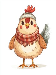 Wall Mural - 2D cartoon illustration of a cheerful chicken for a New Year greeting card concept on a plain white background