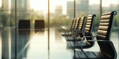 Modern conference room with sleek chairs and glass table, bathed in natural light, ideal for meetings and corporate events.