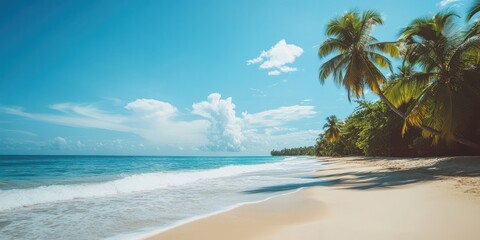Wall Mural - Serene beach scene with golden sand, palm trees, and clear blue skies. A perfect tropical getaway destination for relaxation.