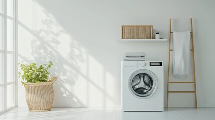 Wall Mural - A bright and modern laundry room with a washing machine, plants, and organized shelves bathed in natural light during the day