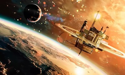 Wall Mural - space station orbiting a ringed planet, hyperrealistic video