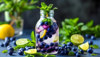 Refreshing blueberry lemonade with mint and lime, surrounded by fresh blueberries and lime slices, evokes a vibrant summer vibe