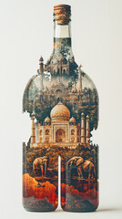 A double exposure of an Indian landscape with tigers, elephants, and the Taj Mahal, seamlessly blended into the shape of India’s map. In front are two bottles of Indian tea. High-resolution photograph