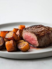 Wall Mural - A plate featuring a perfectly cooked steak alongside roasted carrots.