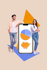 Wall Mural - Vertical photo collage image young man woman smartphone infographcs economy money savings statistics results presentation