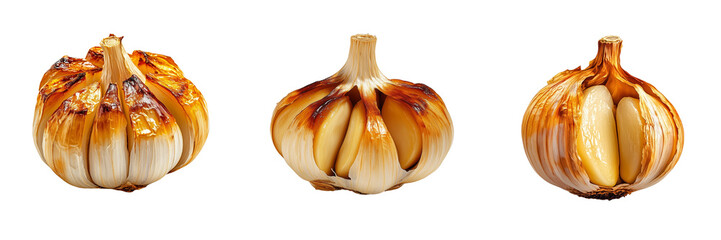 set of roasted garlic olden-brown caramelization and cloves, isolated on a transparent background