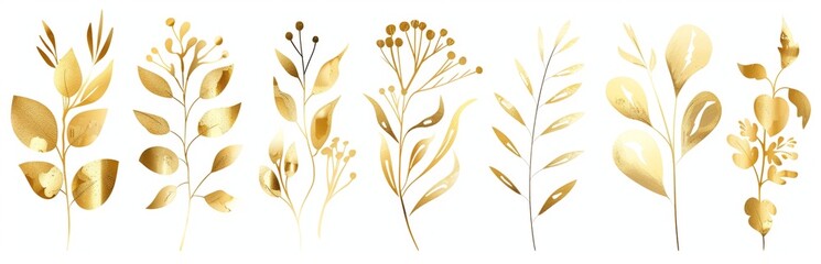 Wall Mural - A row of gold leaves with a white background