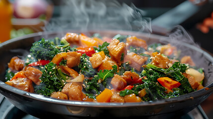 Stir-fried kale vegetable with crispy pork Add fried garlicFaint smoke