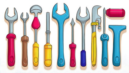 Wall Mural -  Illustration of tools like wrenches and hammers – A colorful set of illustrated tools such _1(150)