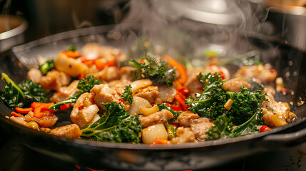 Stir-fried kale vegetable with crispy pork Add fried garlicFaint smoke