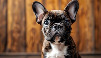 Wall Mural - Curious French Bulldog puppy with big ears and playful expression against a warm wooden wall