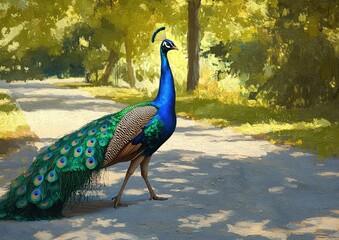 Blue green young peacock strolling in a park depicted in an oil painting style