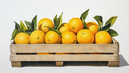 Wall Mural - Oil painting depicting fresh lemons and mandarins arranged in a wooden box prepared for transport against a white background showcasing fresh produce and packaging