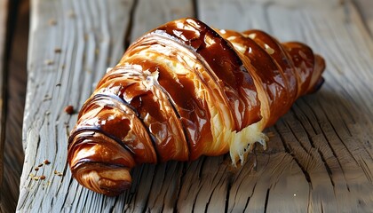 Golden brown croissant on rustic wooden table, embodying indulgence and the essence of French breakfast and freshly baked delights