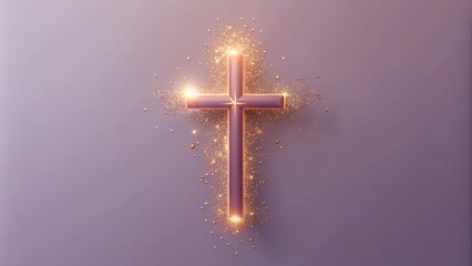 Wall Mural - A glowing golden cross with sparkling particles on a purple background