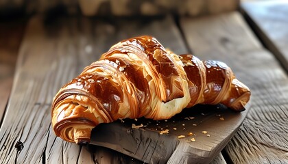 Golden brown croissant on rustic wooden table, embodying indulgence and the essence of French breakfast and freshly baked delights