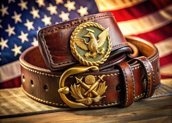 Wall Mural - Gold eagle, globe, and anchor emblems adorn a worn leather belt, symbolizing courage, honor, and loyalty, with a subtle American flag pattern in the background.