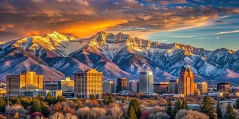 Canvas Print - Golden hour illuminates the rugged Wasatch Mountains, towering above the vibrant cityscape of Salt Lake City, Utah, with snow-capped peaks meeting urban grandeur.