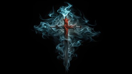 Wall Mural - A Spiked Cross Enveloped in Blue Smoke Against a Black Background