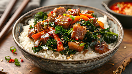 Wall Mural - Stir-fried kale vegetable with crispy pork Add fried garlicFaint smoke