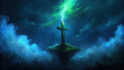 Wall Mural - A lone cross on a grassy island with a glowing green aurora in the night sky