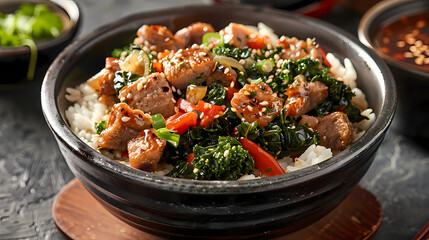 Wall Mural - Stir-fried kale vegetable with crispy pork Add fried garlicFaint smoke