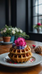 Sticker - Flower-filled waffle cone on a table, great for decor.