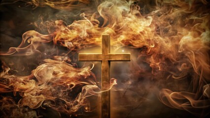 Wall Mural - Wooden Cross Standing in Front of Orange Smoke