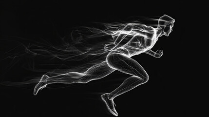 A 3D model of a man running quickly, created using lines and curves. The background is black.