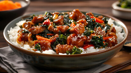 Canvas Print - Stir-fried kale vegetable with crispy pork Add fried garlicFaint smoke