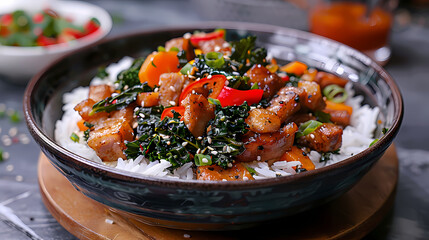 Wall Mural - Stir-fried kale vegetable with crispy pork Add fried garlicFaint smoke