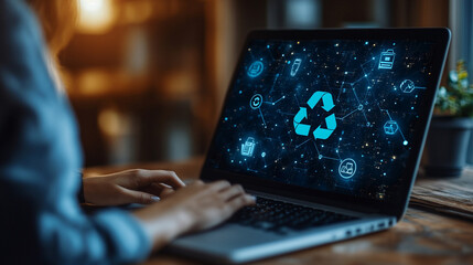 A businesswoman displays a recycling icon on her laptop screen to promote environmental responsibility in the workplace.