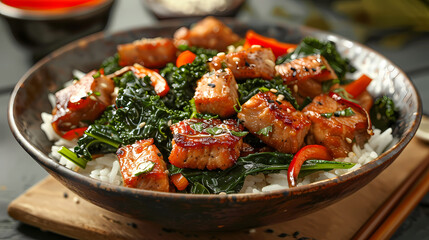 Wall Mural - Stir-fried kale vegetable with crispy pork Add fried garlicFaint smoke