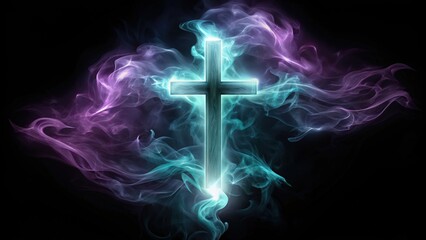 Wall Mural - A Glowing Wooden Cross Surrounded by Purple and Teal Smoke